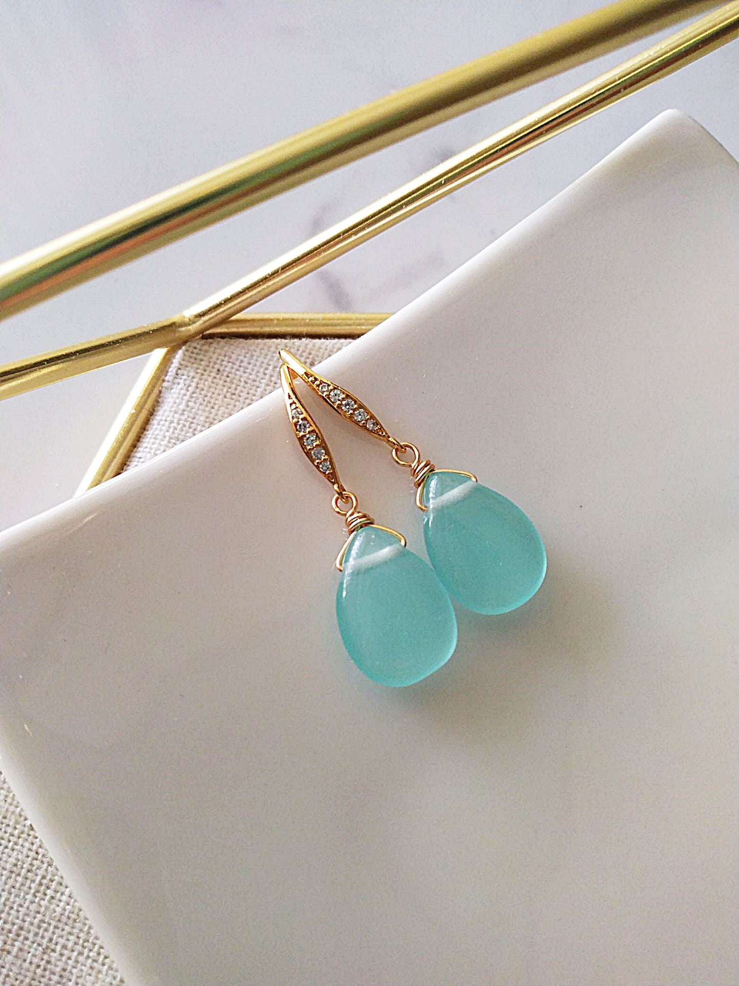 Beach Wedding Sea Foam Blue Chalcedony Gold Earrings E140091