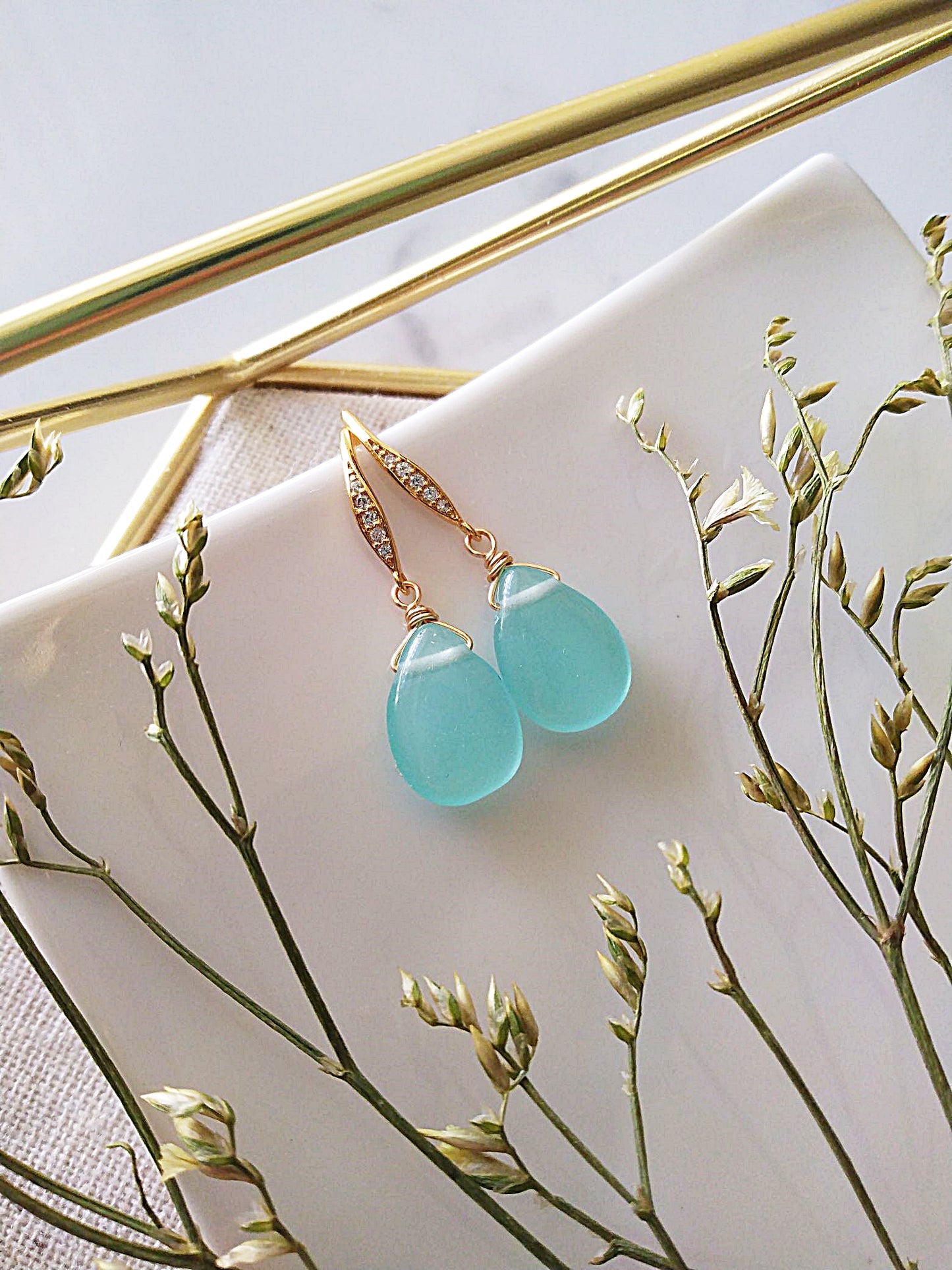 Beach Wedding Sea Foam Blue Chalcedony Gold Earrings E140091