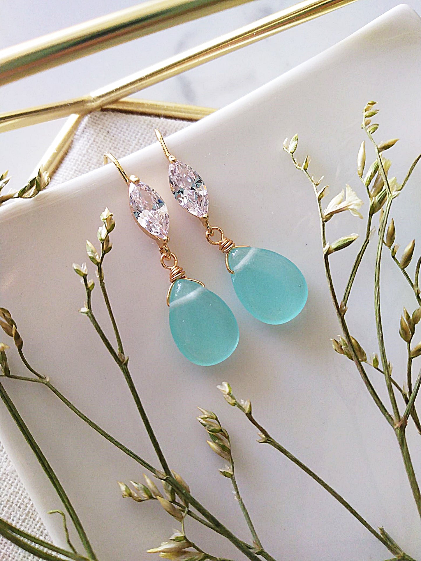 Something Blue Chalcedony Marquise Gold Earrings E140092