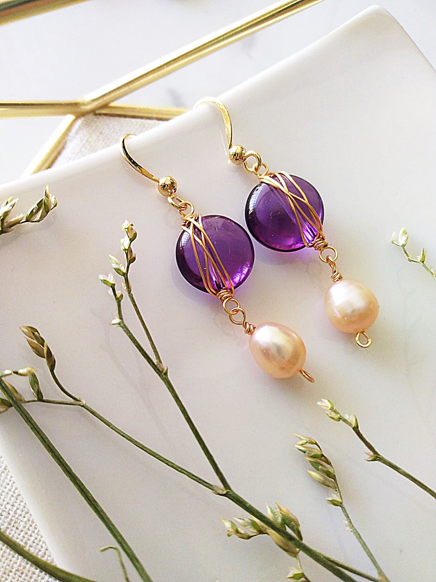Amethyst and Ballet Pink Freshwater Pearl Dangle Gold Filled Earrings E140081