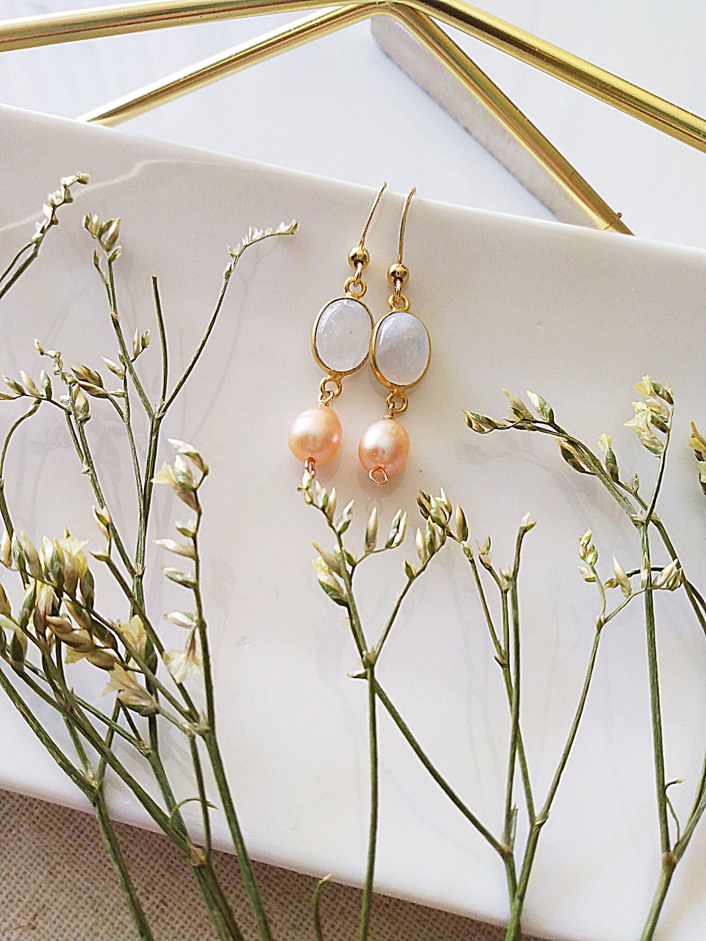 Moonstone and Peachy Freshwater Pearl Gold Filled Earrings E140123