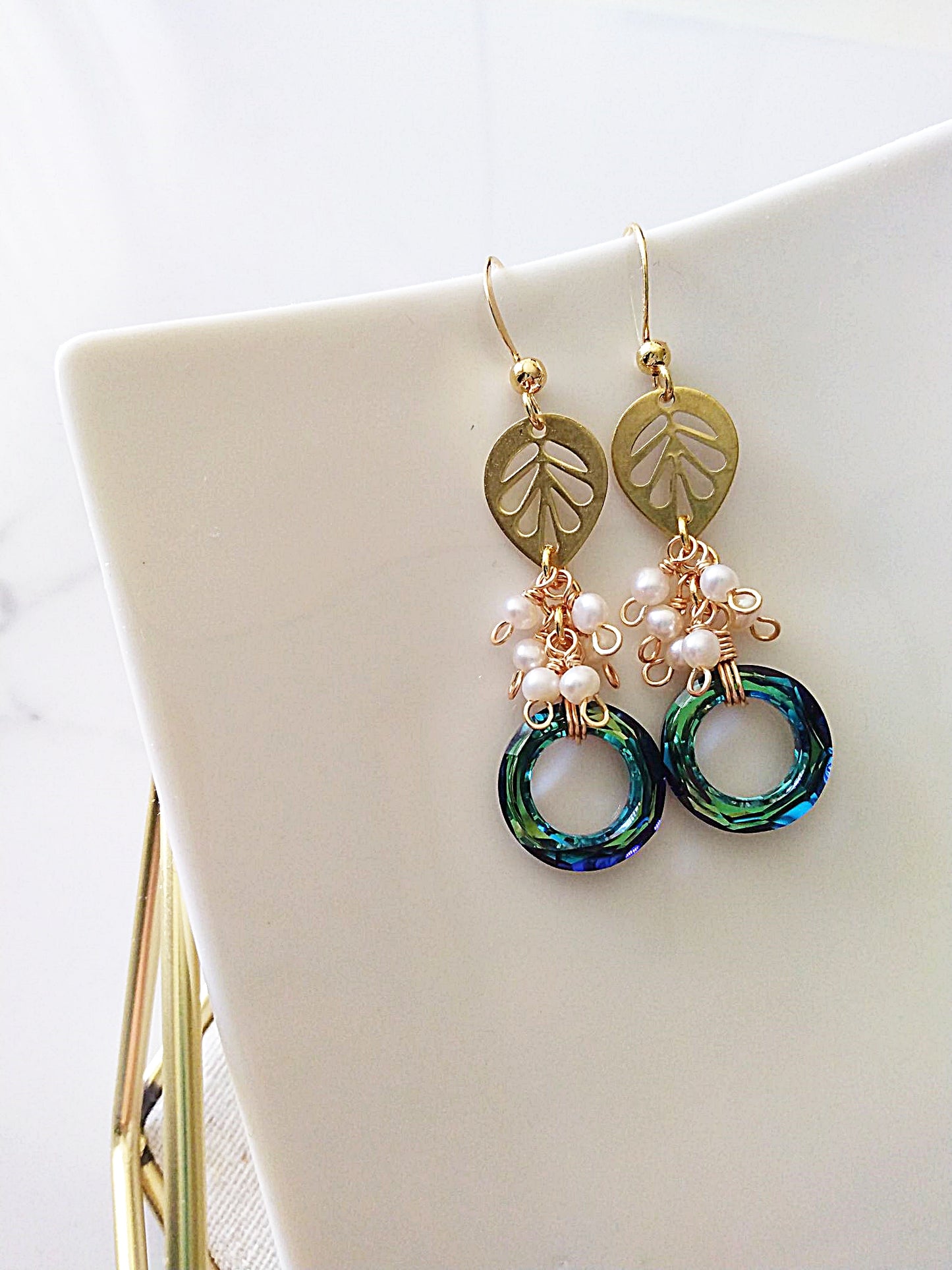 Bridal Pearl Cluster Bermuda Blue Gold Filled Earrings E140087