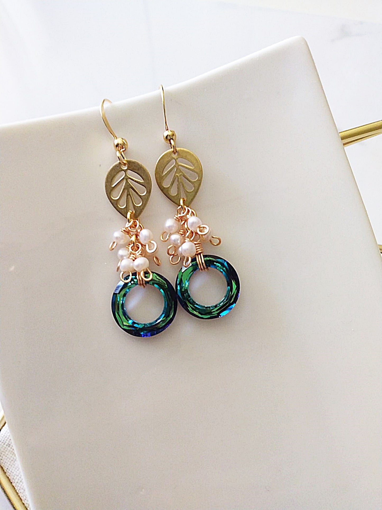 Bridal Pearl Cluster Bermuda Blue Gold Filled Earrings E140087