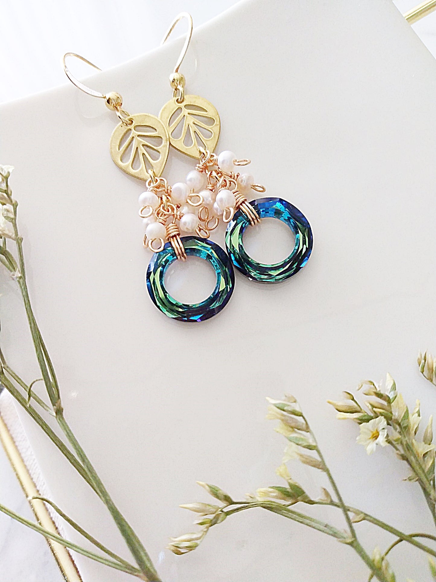 Bridal Pearl Cluster Bermuda Blue Gold Filled Earrings E140087