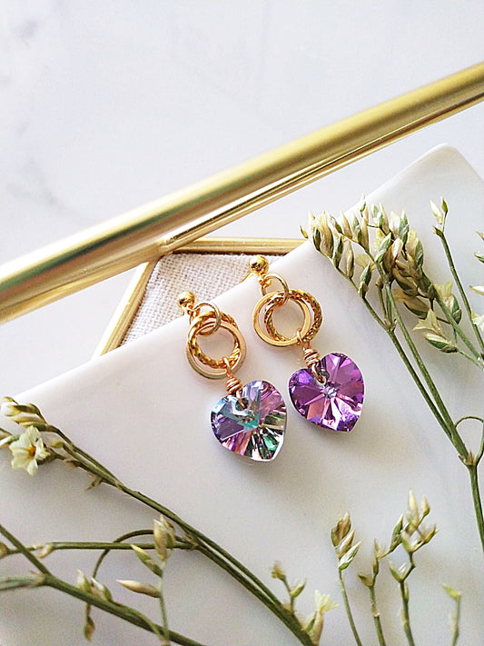 Twisted Ring Crystal Heart Gold Filled Earrings E140076