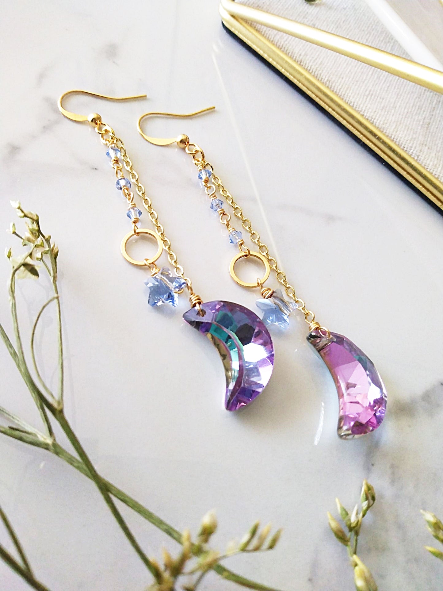 Moon and Star Gold Filled Dangle Earrings E140080