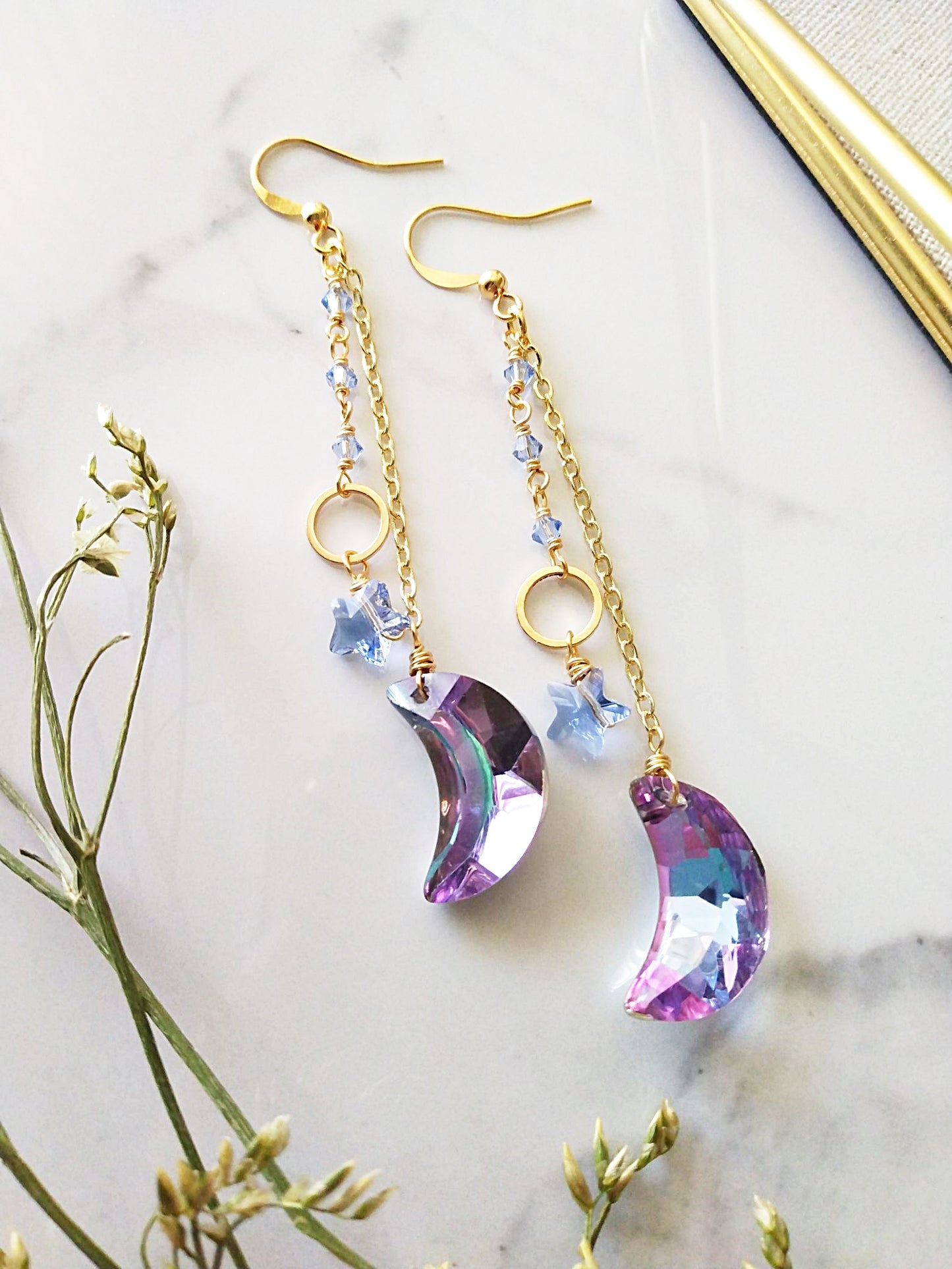 Moon and Star Gold Filled Dangle Earrings E140080