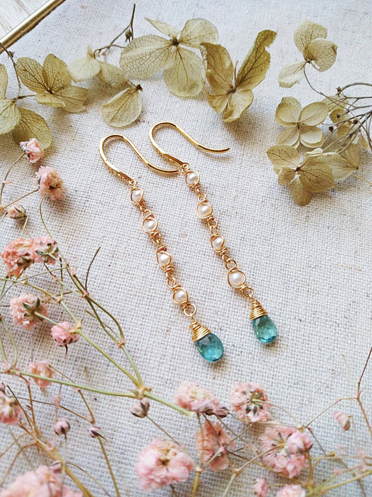 Long Slender Apatite Tiny Freshwater Pearl Gold Filled Earrings E140098