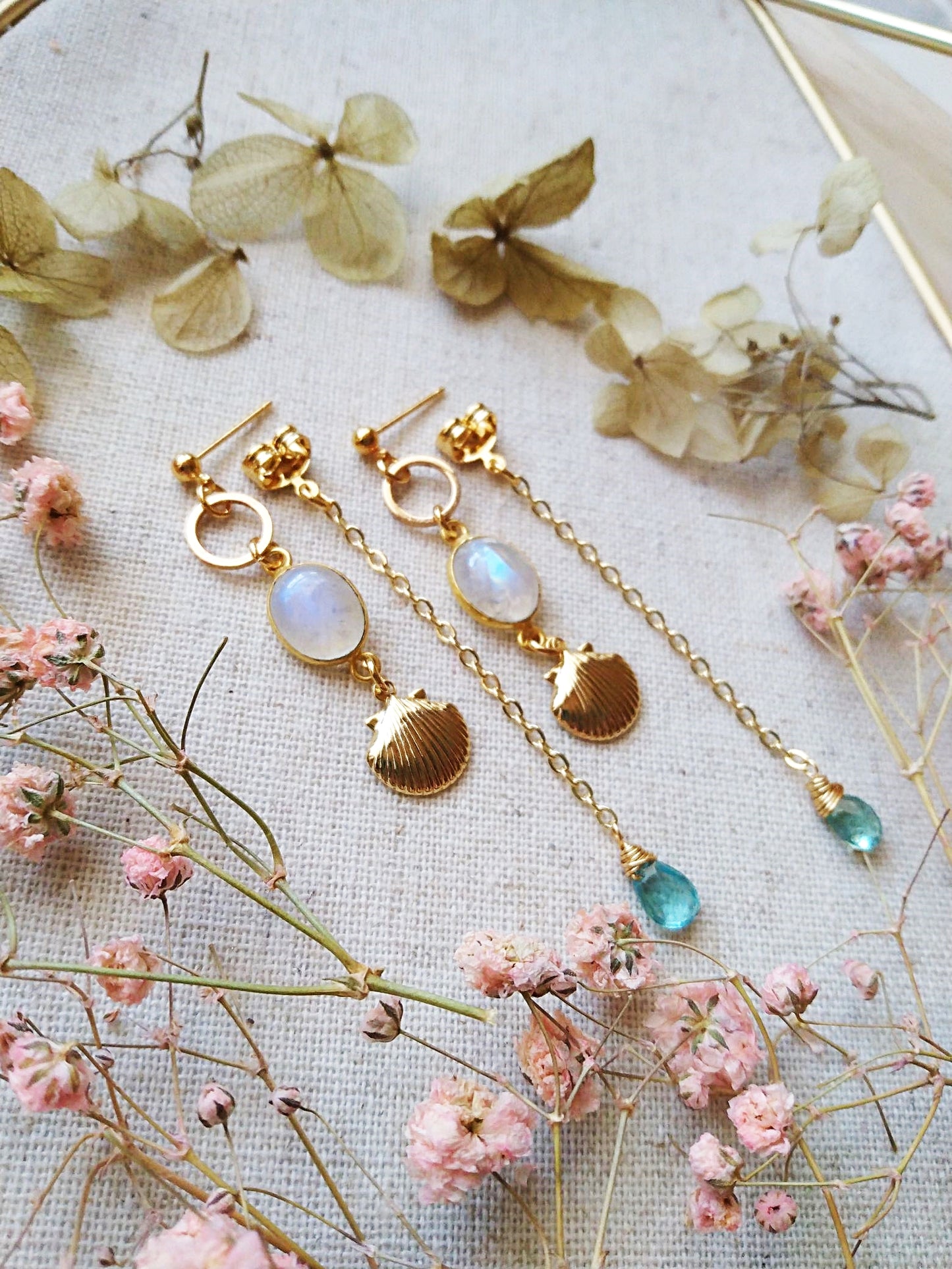 Soft Moonstone Apatite Beach Wedding Sea Shell Gold Filled Earrings E140096