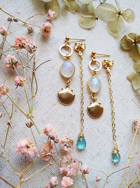 Soft Moonstone Apatite Beach Wedding Sea Shell Gold Filled Earrings E140096