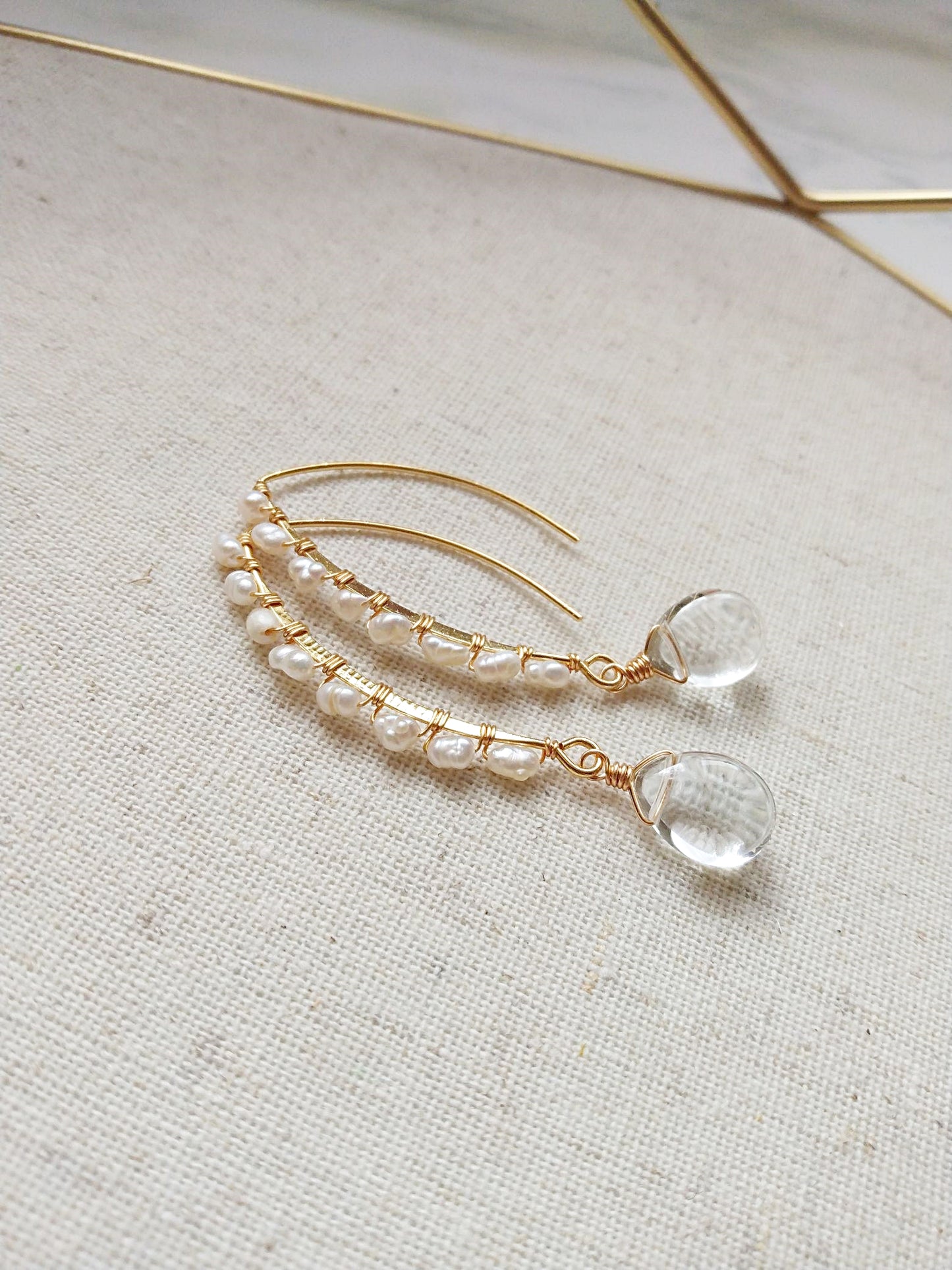 Long Slender Off White Pearl Clear Quartz Gold Earrings E140110