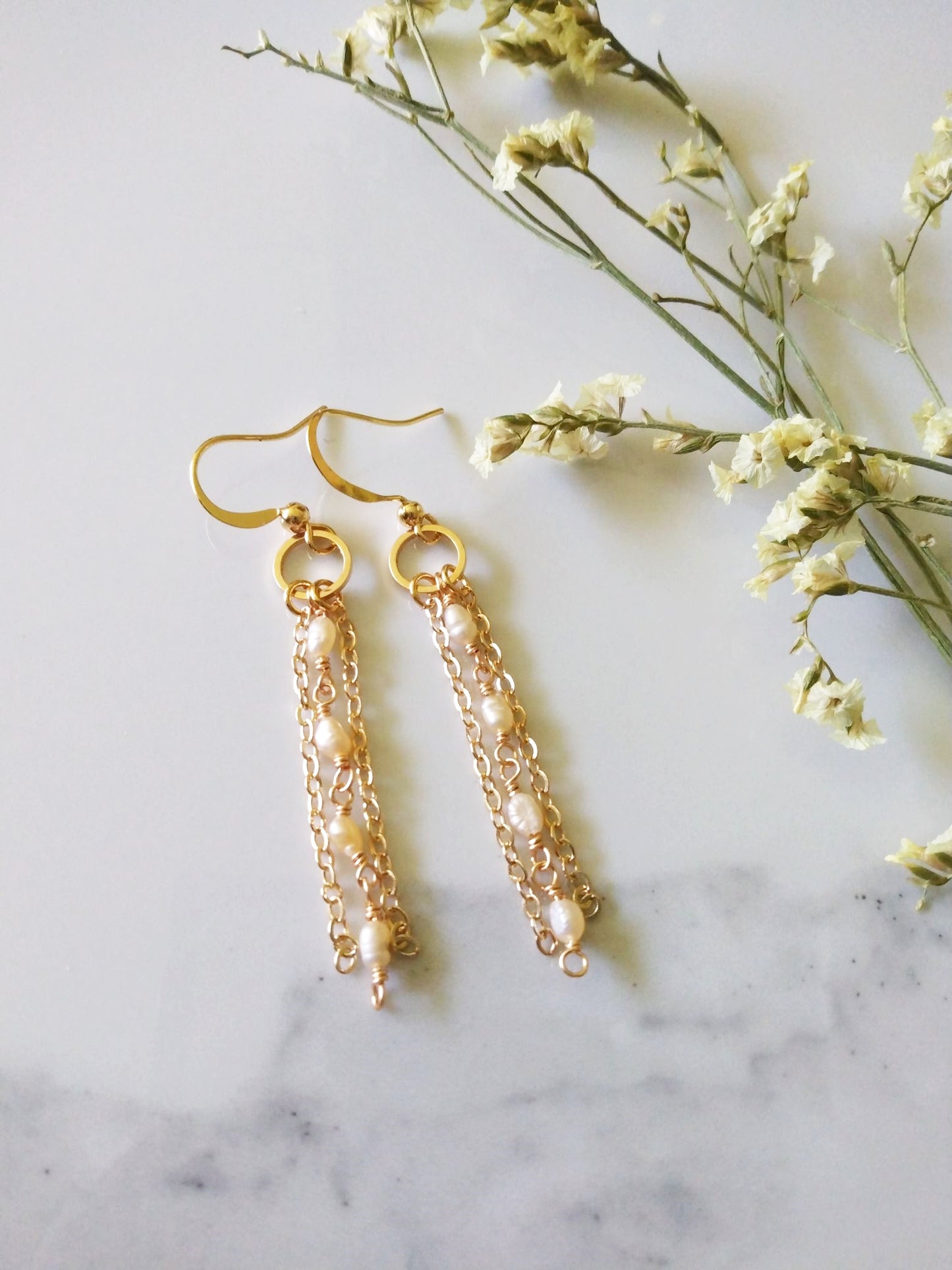 Dainty Slender Pink Baroque Pearl Chain Gold Filled Earrings E140122
