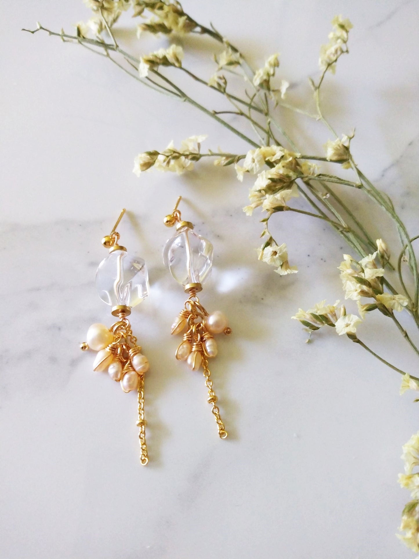Clear Quartz Pearl Cluster Gold Filled Earrings E140125