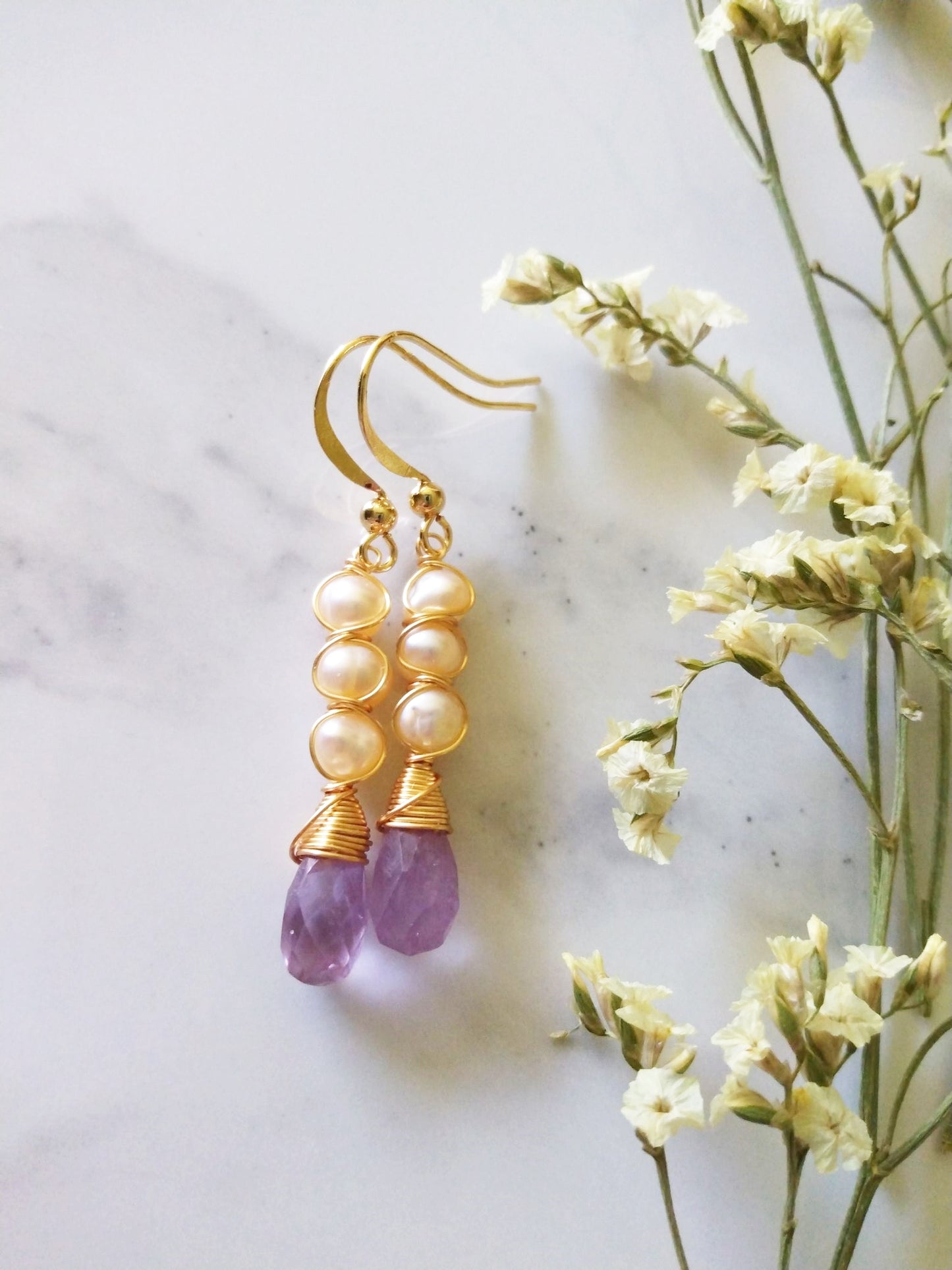 Amethyst and Freshwater Pearl Gold Filled Earrings E140126