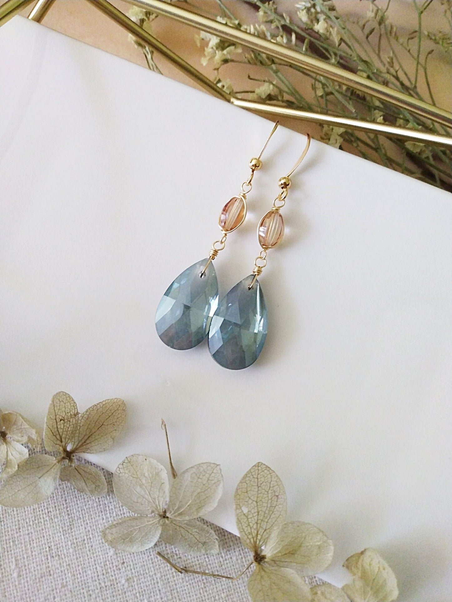 Denim Blue Czech Glass Teardrop Gold Filled Earrings E140019