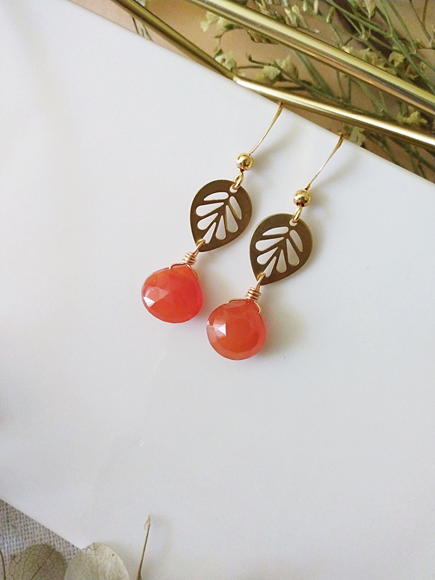 Orange Carnelian and Leaf Gold Filled Earrings E140072