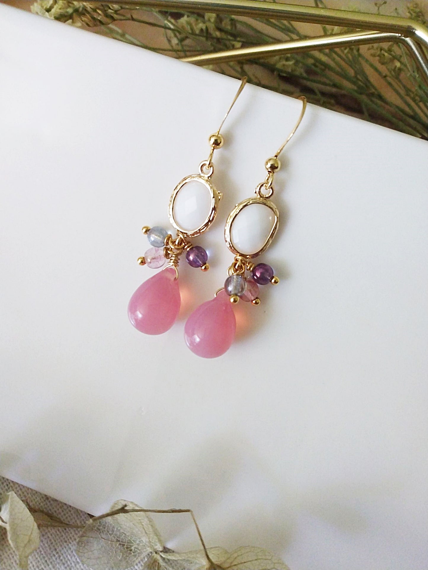Pink Czech Glass and Opal Glass Gold Filled Earrings E140083