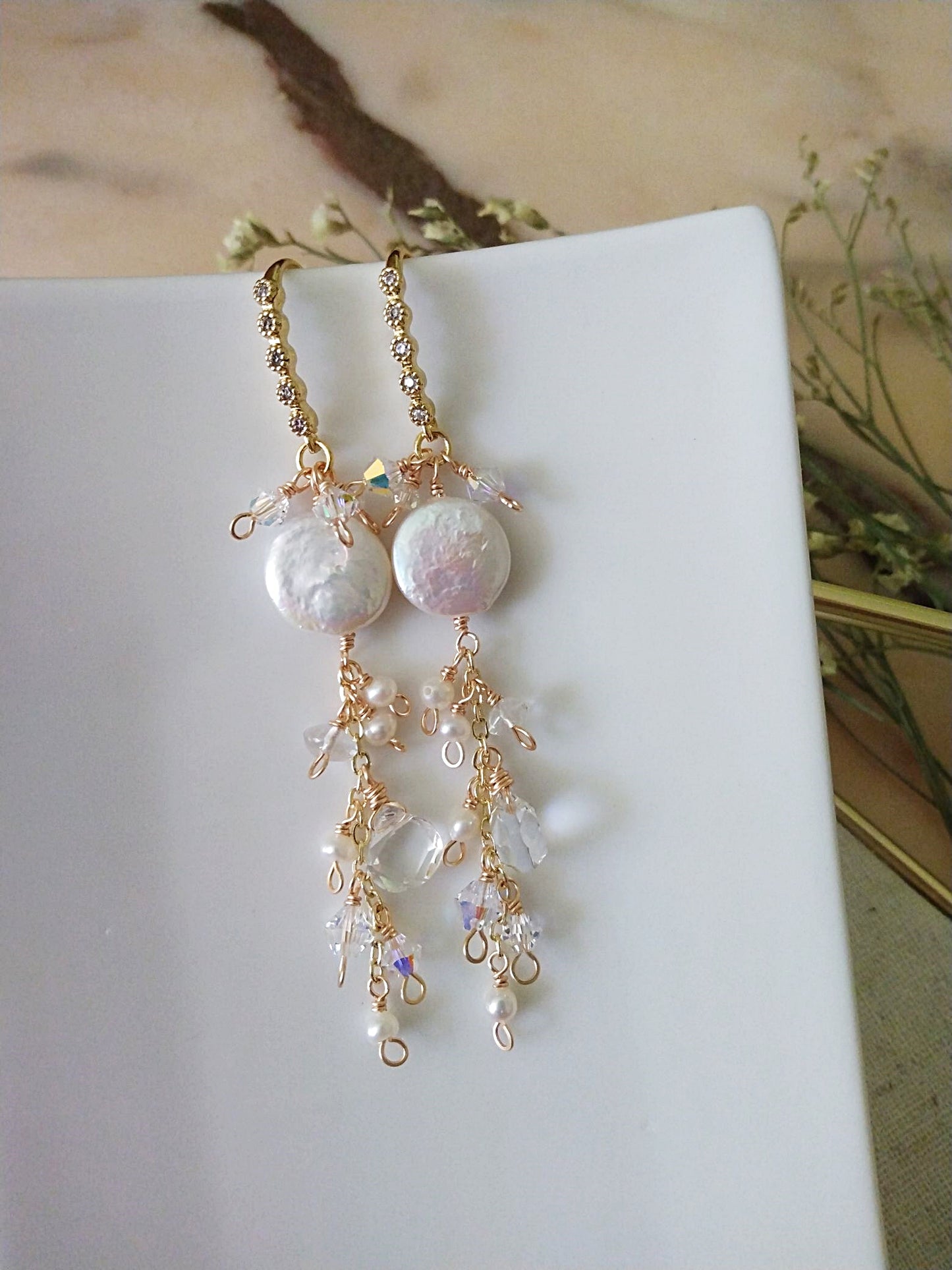 Dramatic Baroque Pearl and Crystal Cluster Bridal Gold Earrings E140107