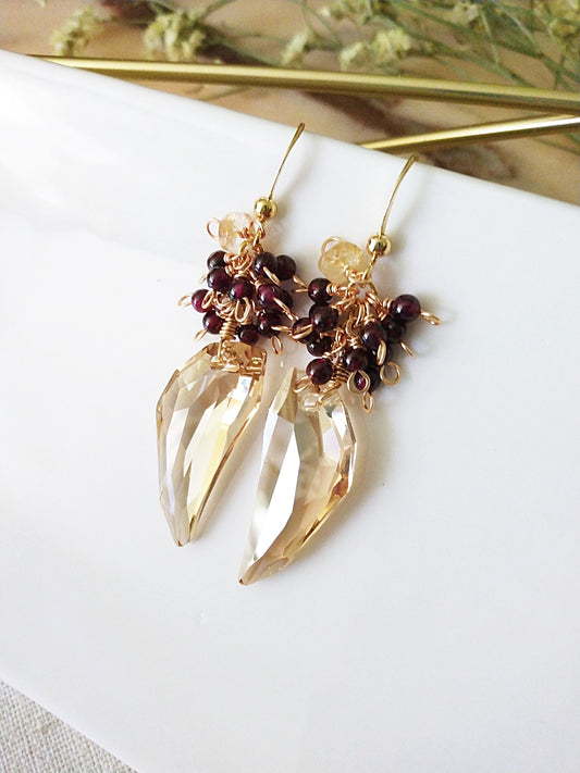 Dramatic Austrian Wing Crystals Garnet Cluster Gold Filled Earrings E140118