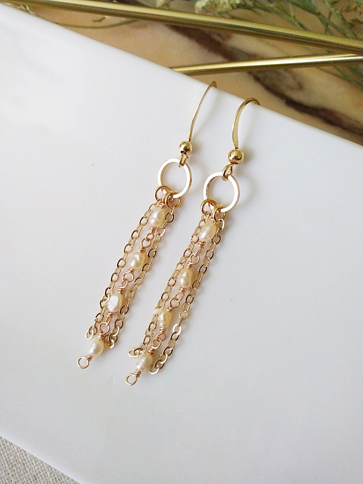 Dainty Slender Pink Baroque Pearl Chain Gold Filled Earrings E140122