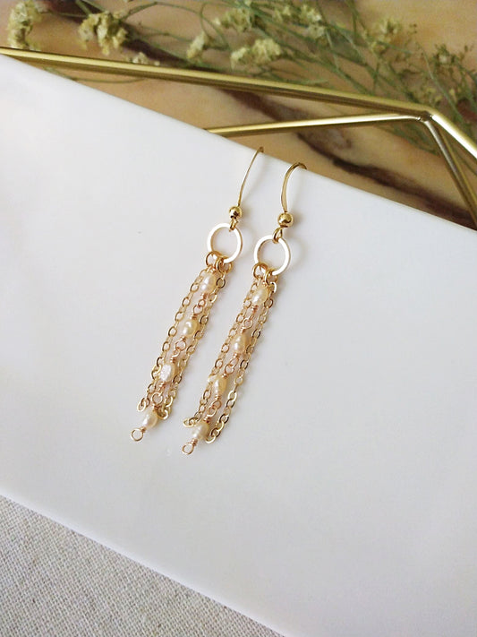 Dainty Slender Pink Baroque Pearl Chain Gold Filled Earrings E140122