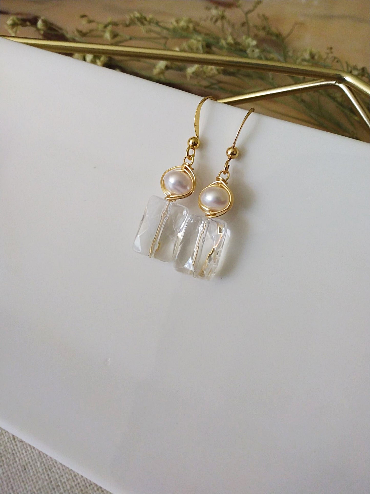 Art Deco Inspired Quartz and Pearl Gold Filled Earrings E140124