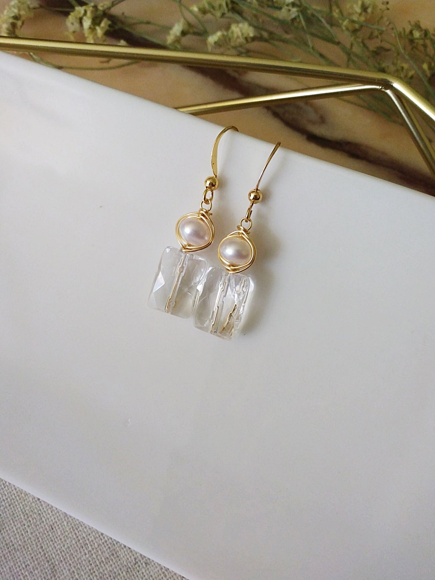 Art Deco Inspired Quartz and Pearl Gold Filled Earrings E140124