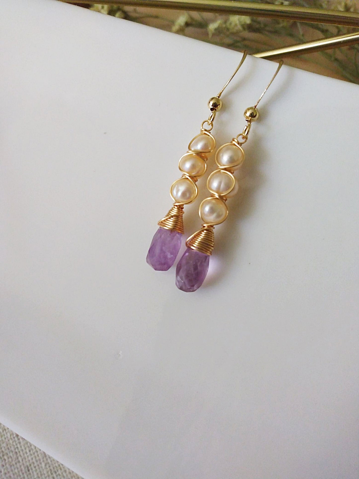 Amethyst and Freshwater Pearl Gold Filled Earrings E140126