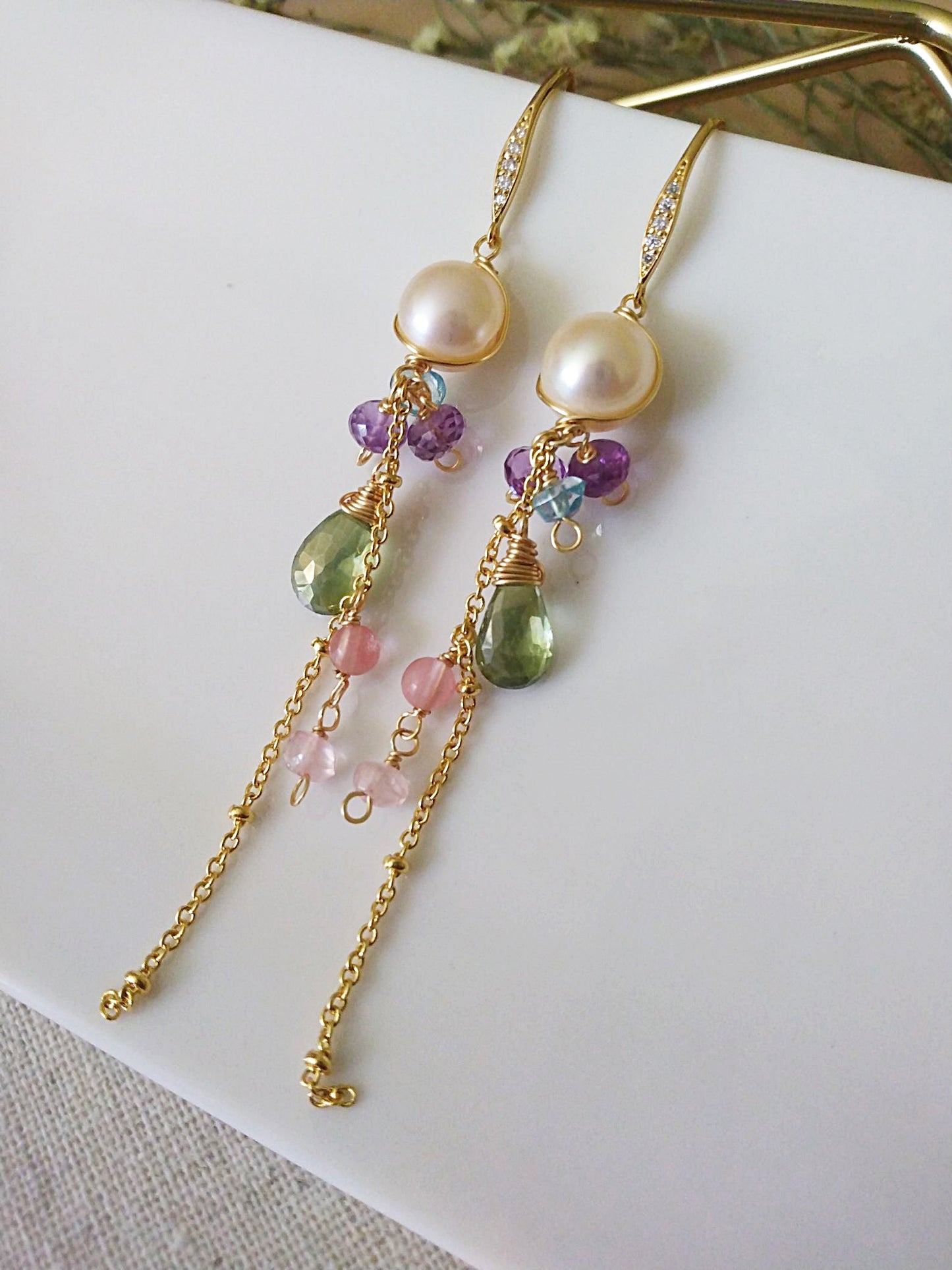 Hand Faceted Semi Precious Amethyst Aquamarine Green Amethyst Gold Filled Earrings 140129
