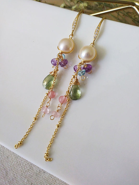 Hand Faceted Semi Precious Amethyst Aquamarine Green Amethyst Gold Filled Earrings 140129