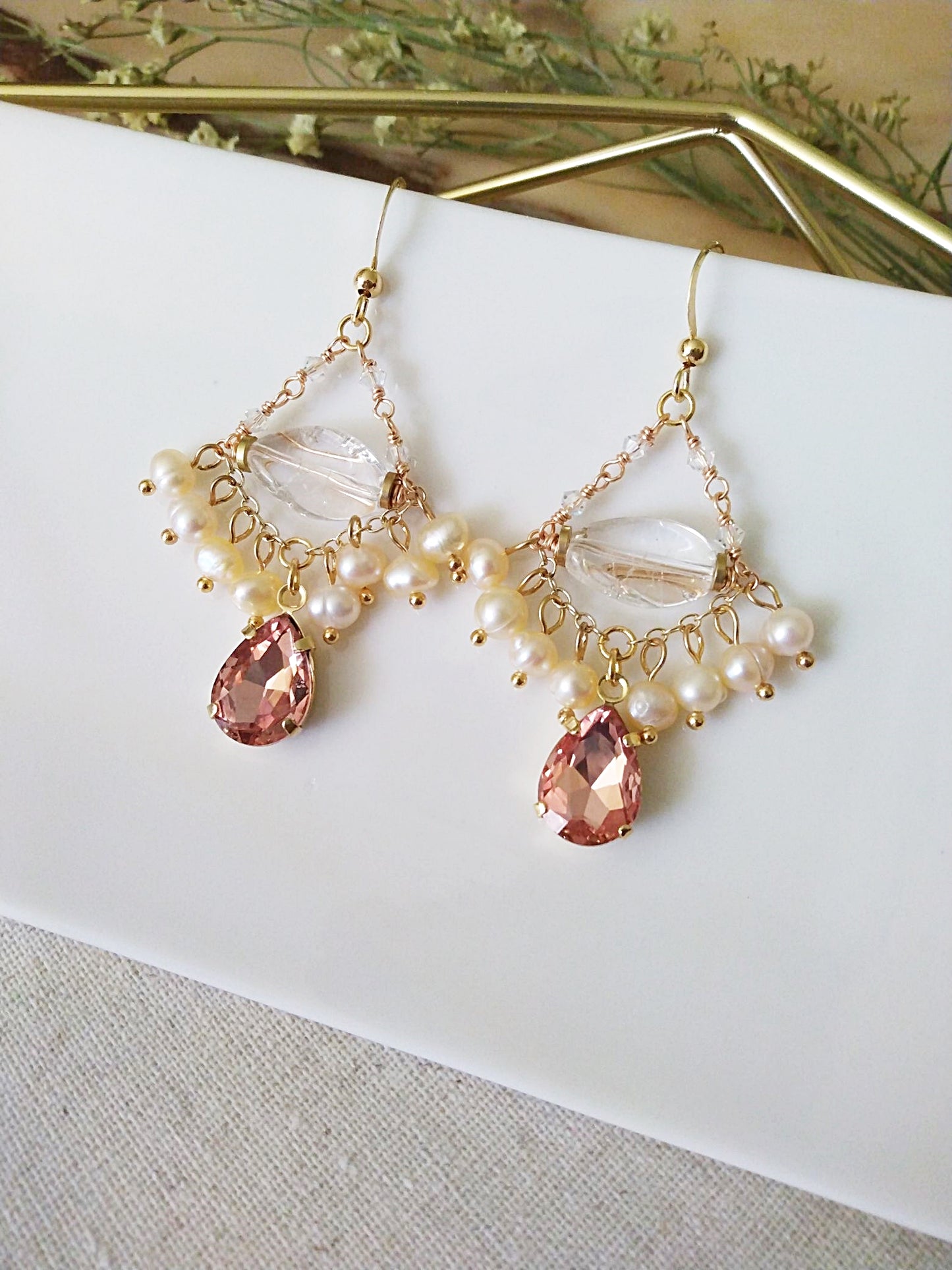 Clear Diamond Gemstone Pearl Gold Filled Earrings E140132