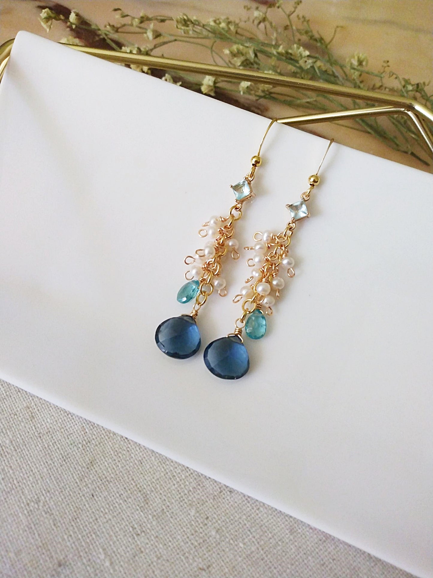 Beach Wedding London Blue Topaz Apatite Freshwater Pearl Gold Filled Earrings E140134