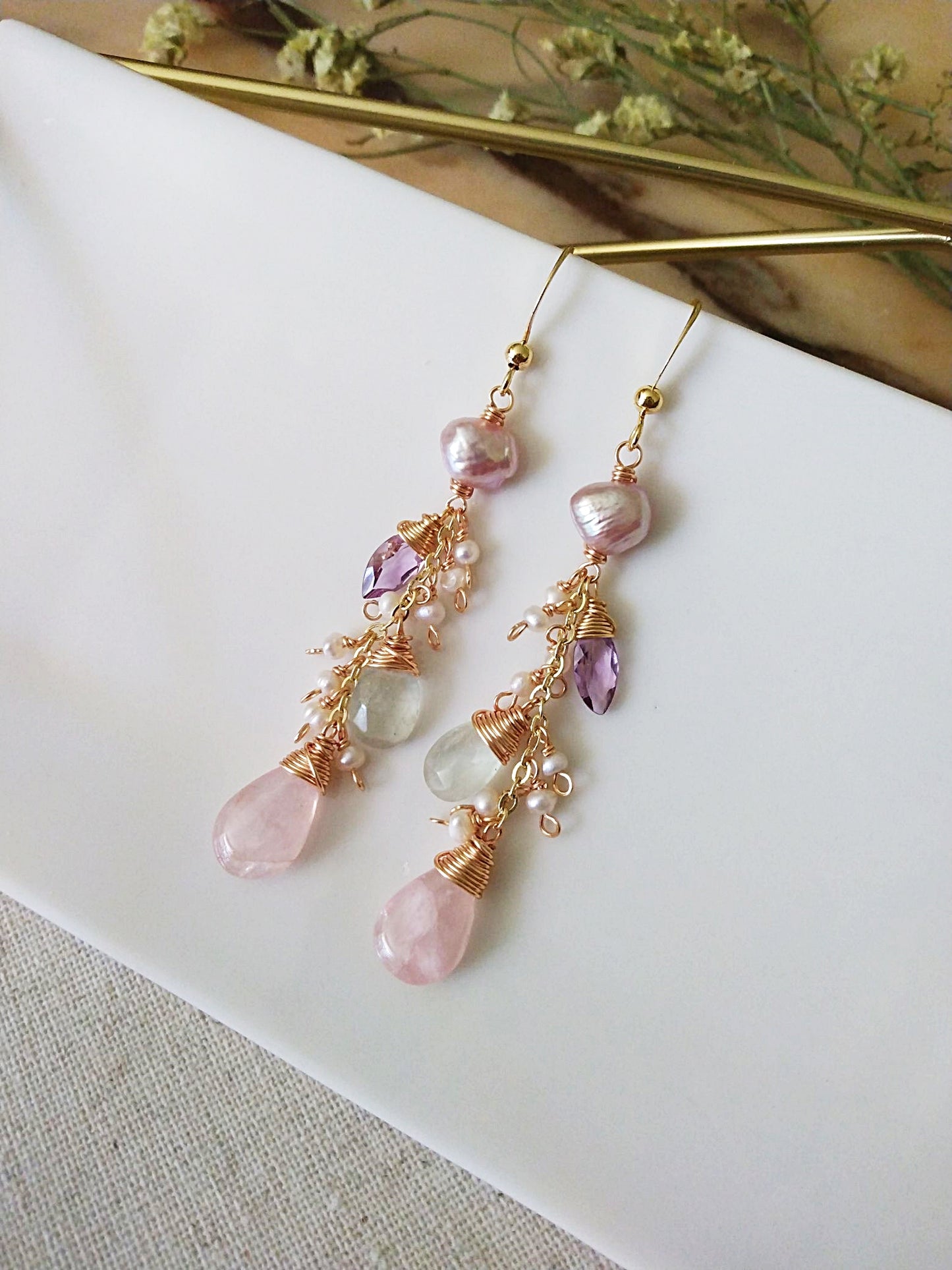 Dreamy Wedding Earrings Baroque Pearls Pink Amethyst Gold Filled Earrings E140142