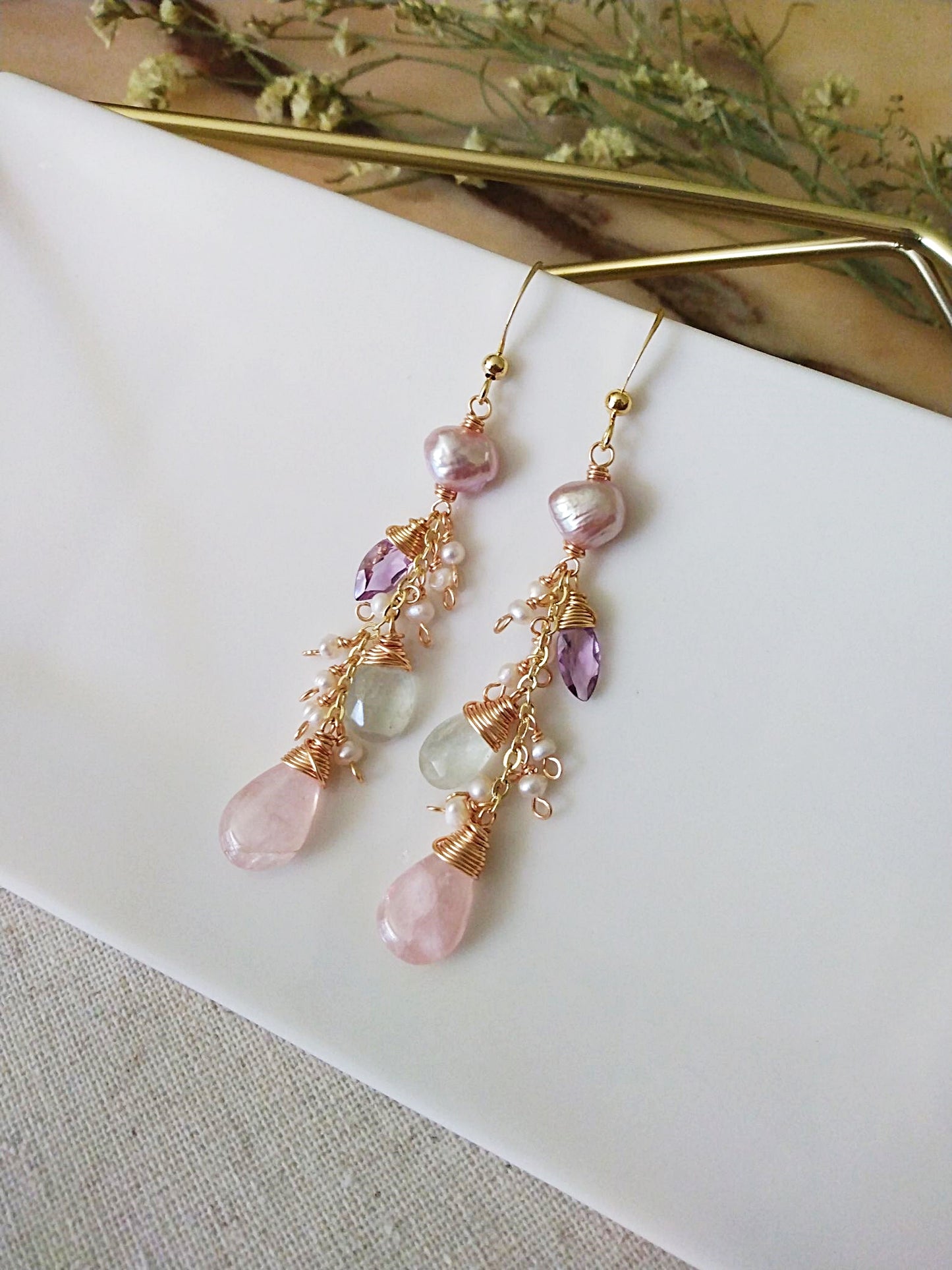 Dreamy Wedding Earrings Baroque Pearls Pink Amethyst Gold Filled Earrings E140142