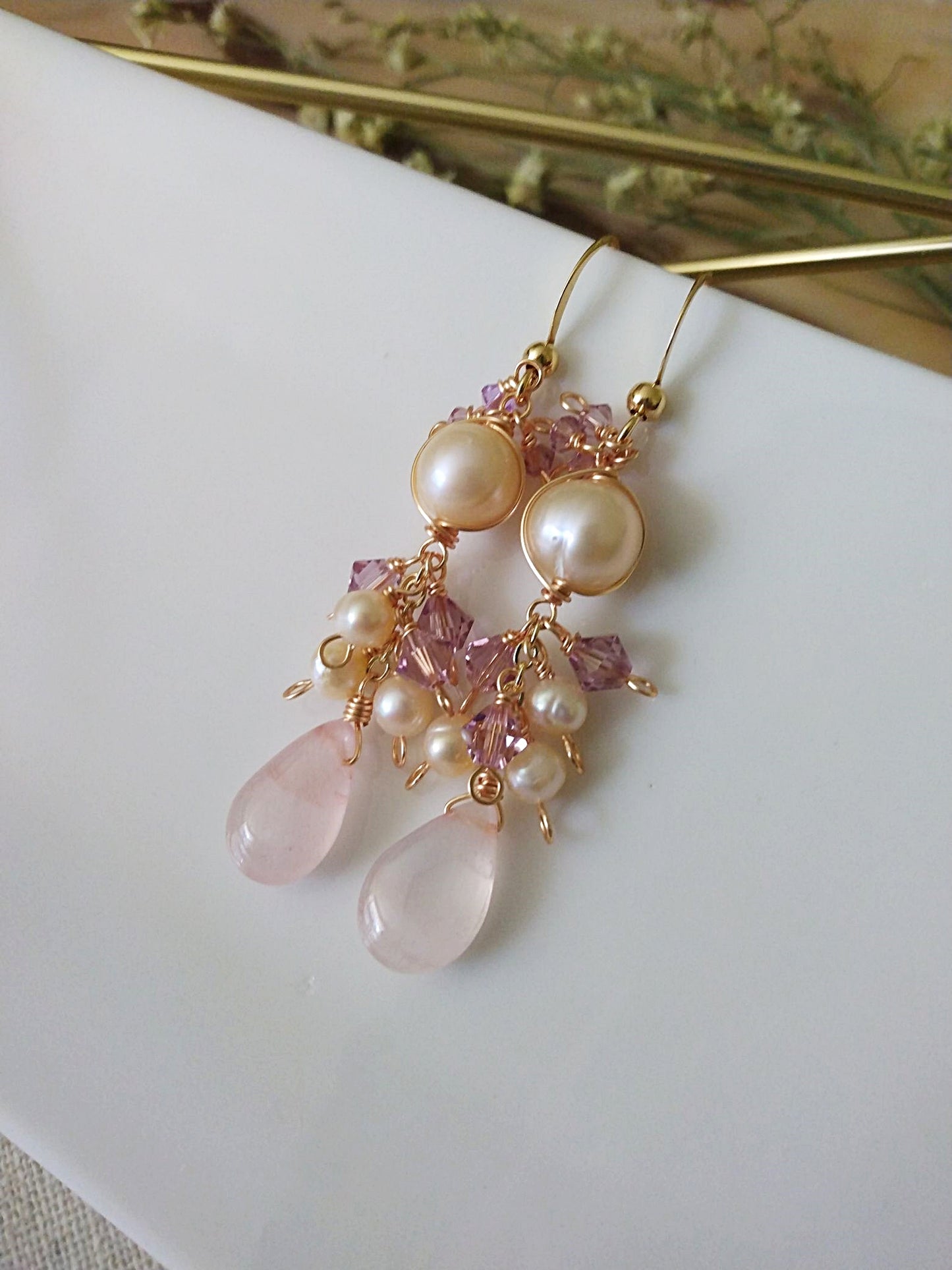 Dreamy Long Bridal Soft Pink Pearls and Quartz Gold Filled Earrings E140143