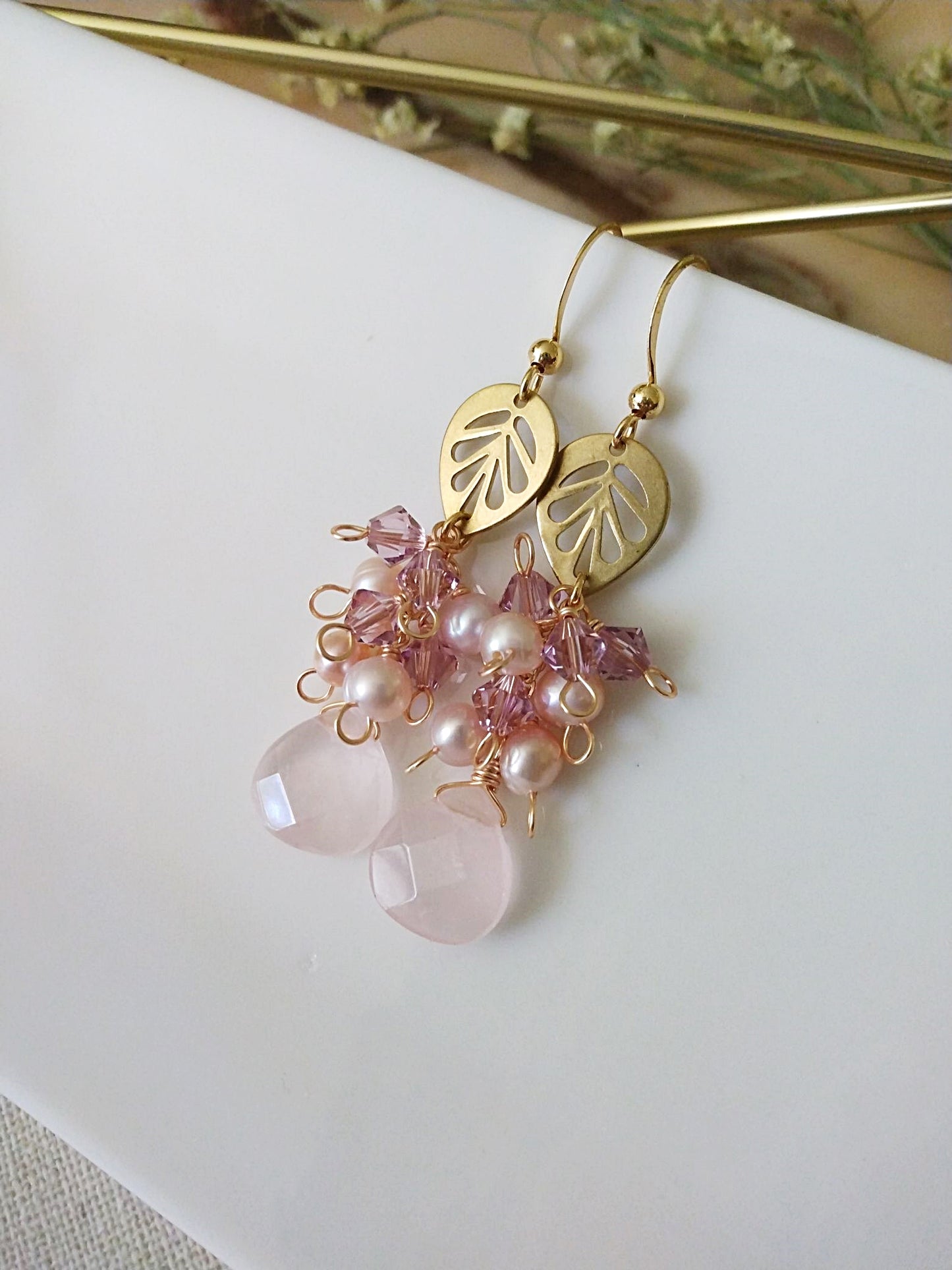 Romantic Rose Quartz Freshwater Pearl and Austrian Crystal Gold Filled Earrings E140144
