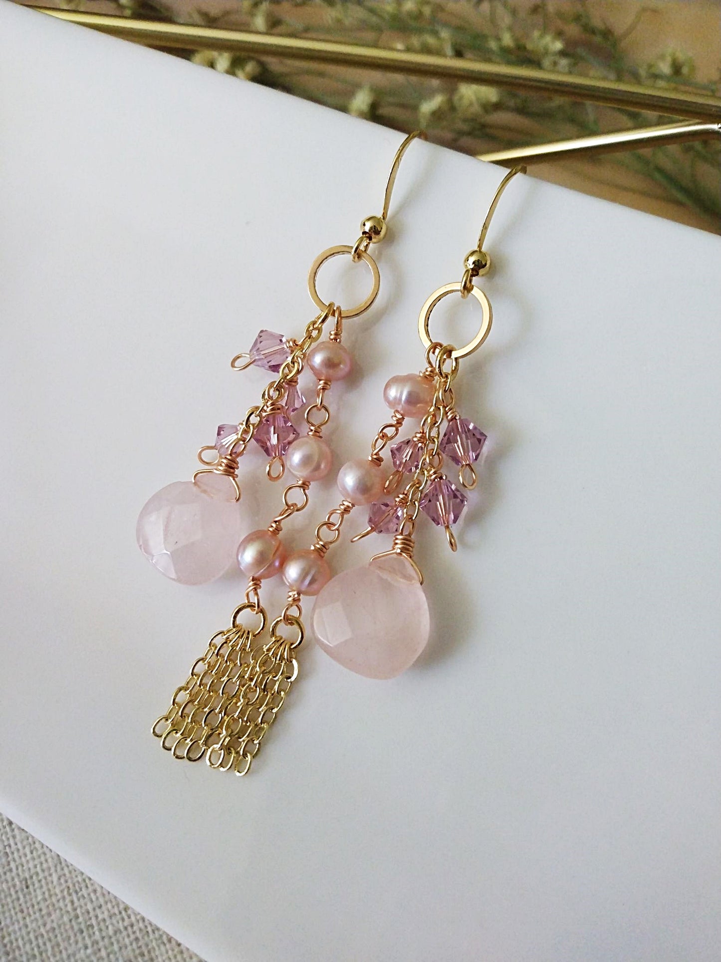 Flirty Long Sweeping Bridal Rose Quartz Gold Filled Earrings E140145