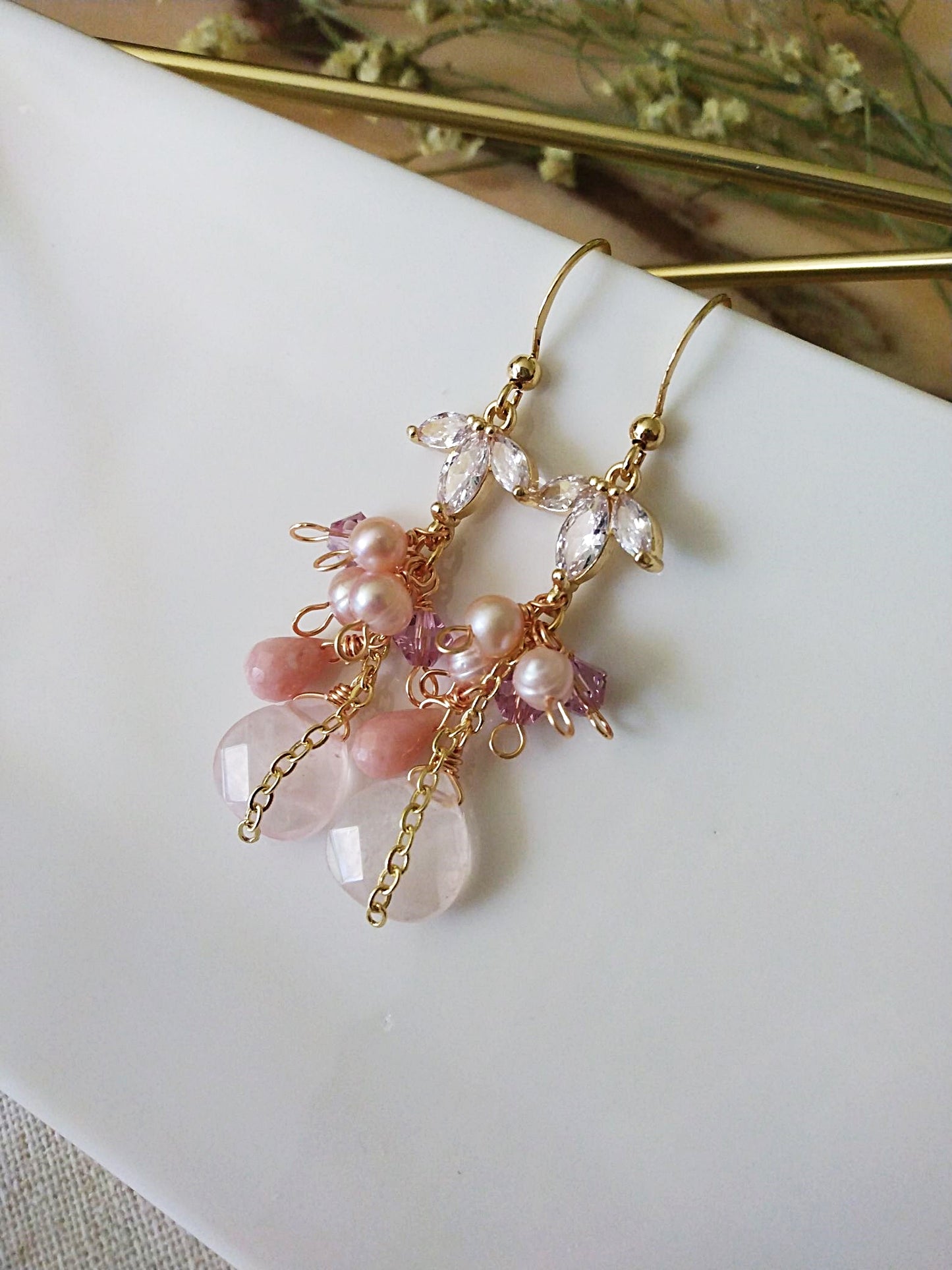 Unique Pink Opal Rose Quartz Freshwater Pearl Gold Filled Earrings E140146