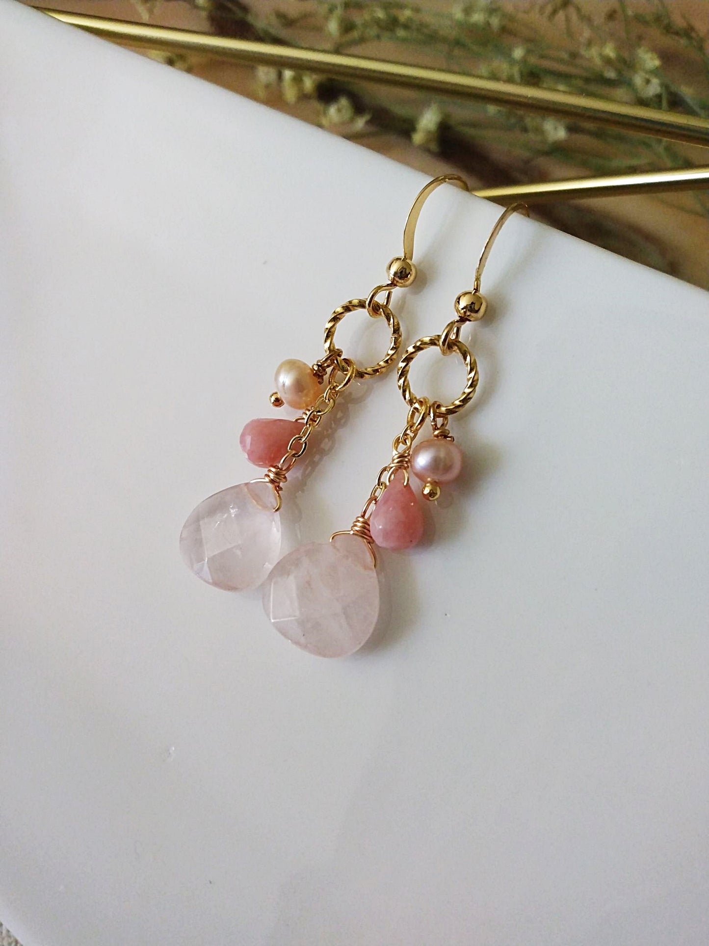 Flirty Pink Opal Rose Quartz Pearl Gold Filled Earrings E140148
