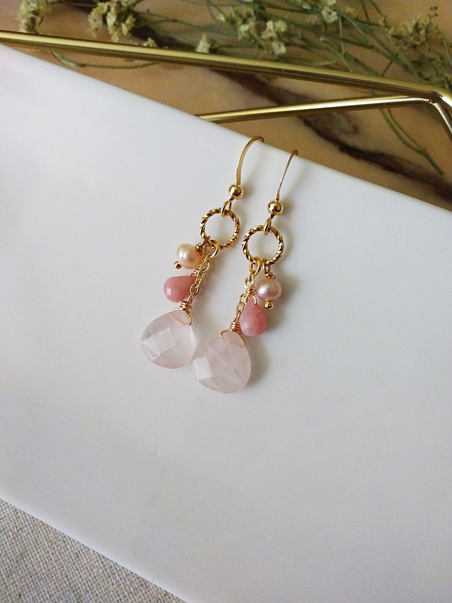 Flirty Pink Opal Rose Quartz Pearl Gold Filled Earrings E140148