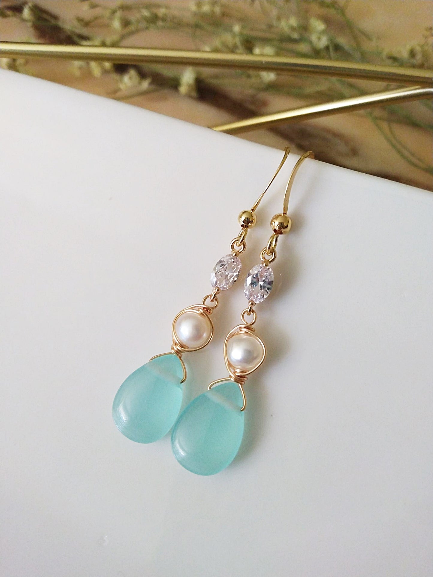 Something Blue Bridesmaid Gift Blue Chalcedony Pearl Teardrop Gold Filled Earrings E140153