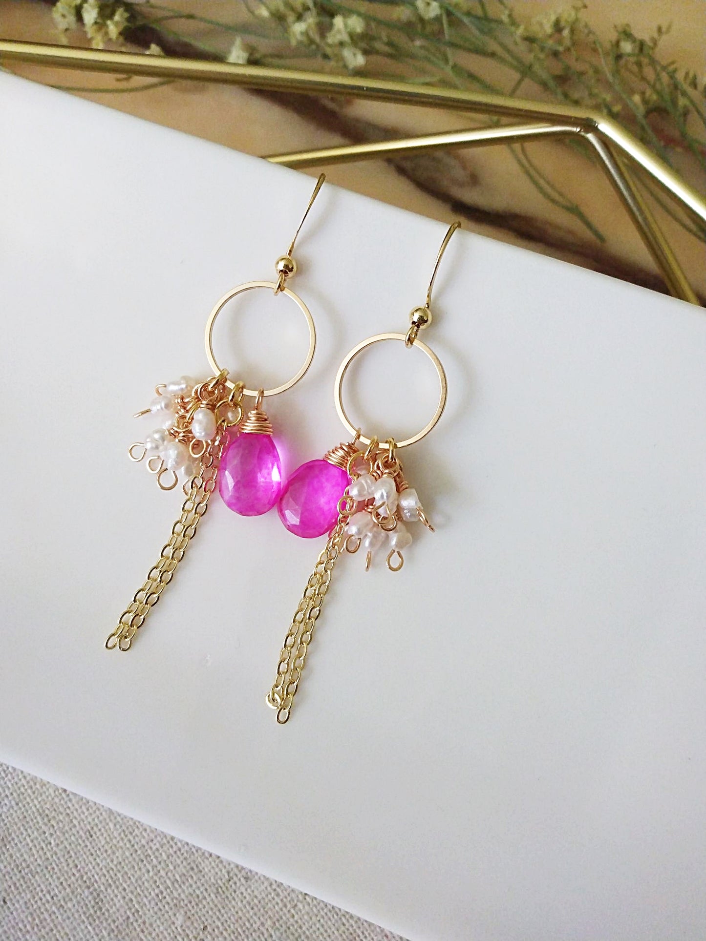 Hot Pink Topaz Baroque Pearl Clusters Gold Filled Earrings E140154