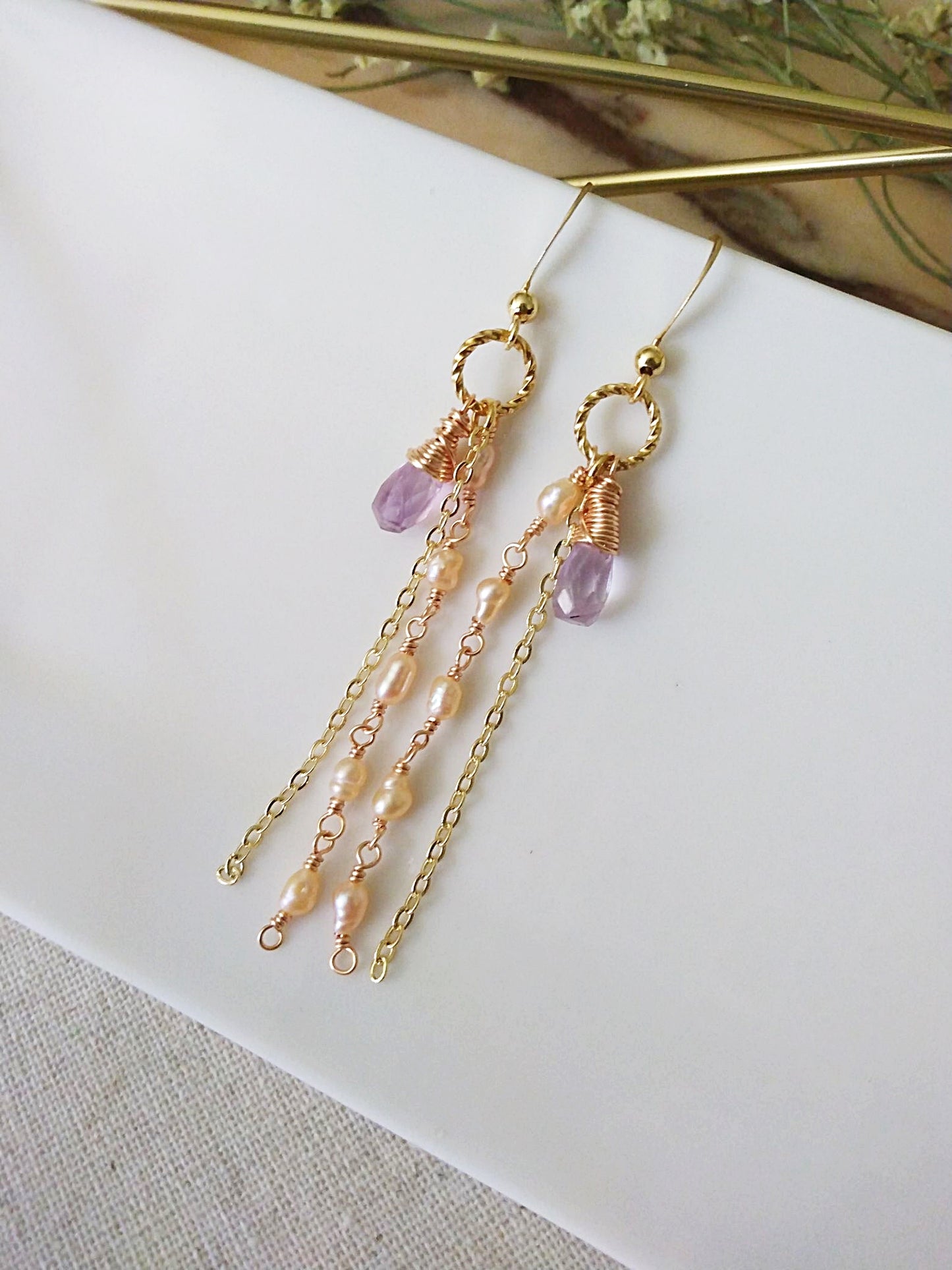 Long Baroque and Amethyst Gold Filled Earrings E140155