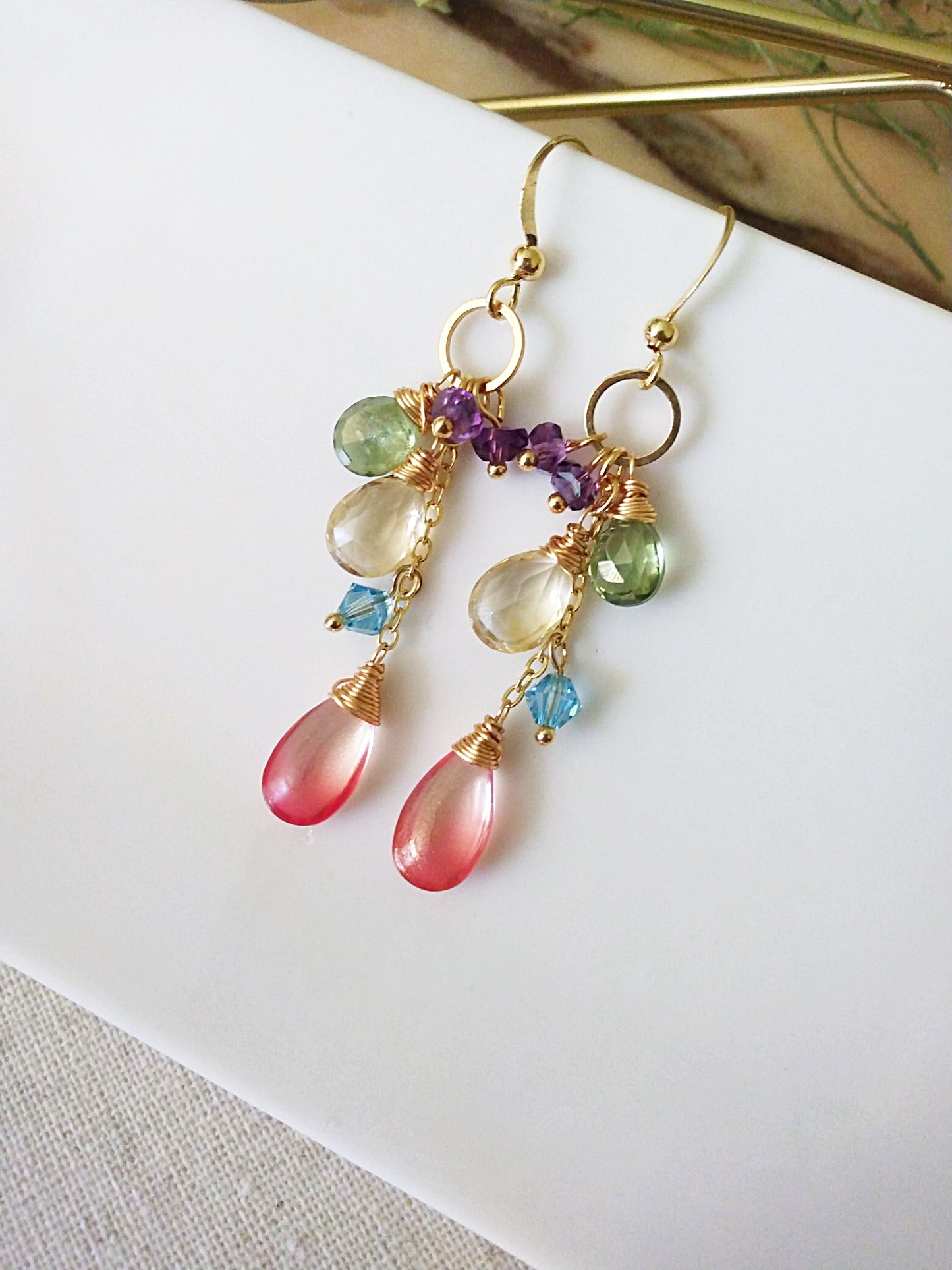 Amethyst Aquamarine Citrine Green Quartz Briolette Gold Filled Earrings E140156