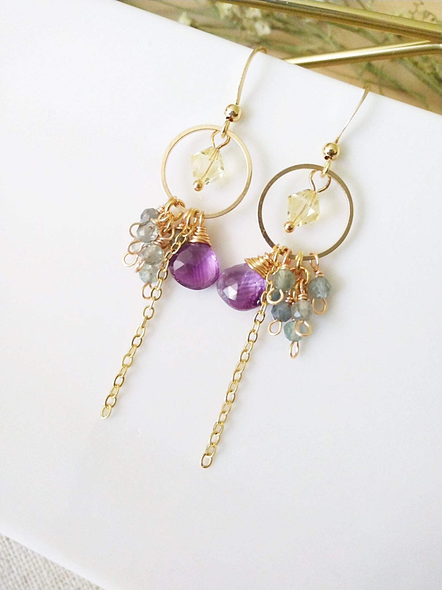 Amethyst Apatite Austrian Crystals Gold Filled Earrings E140161