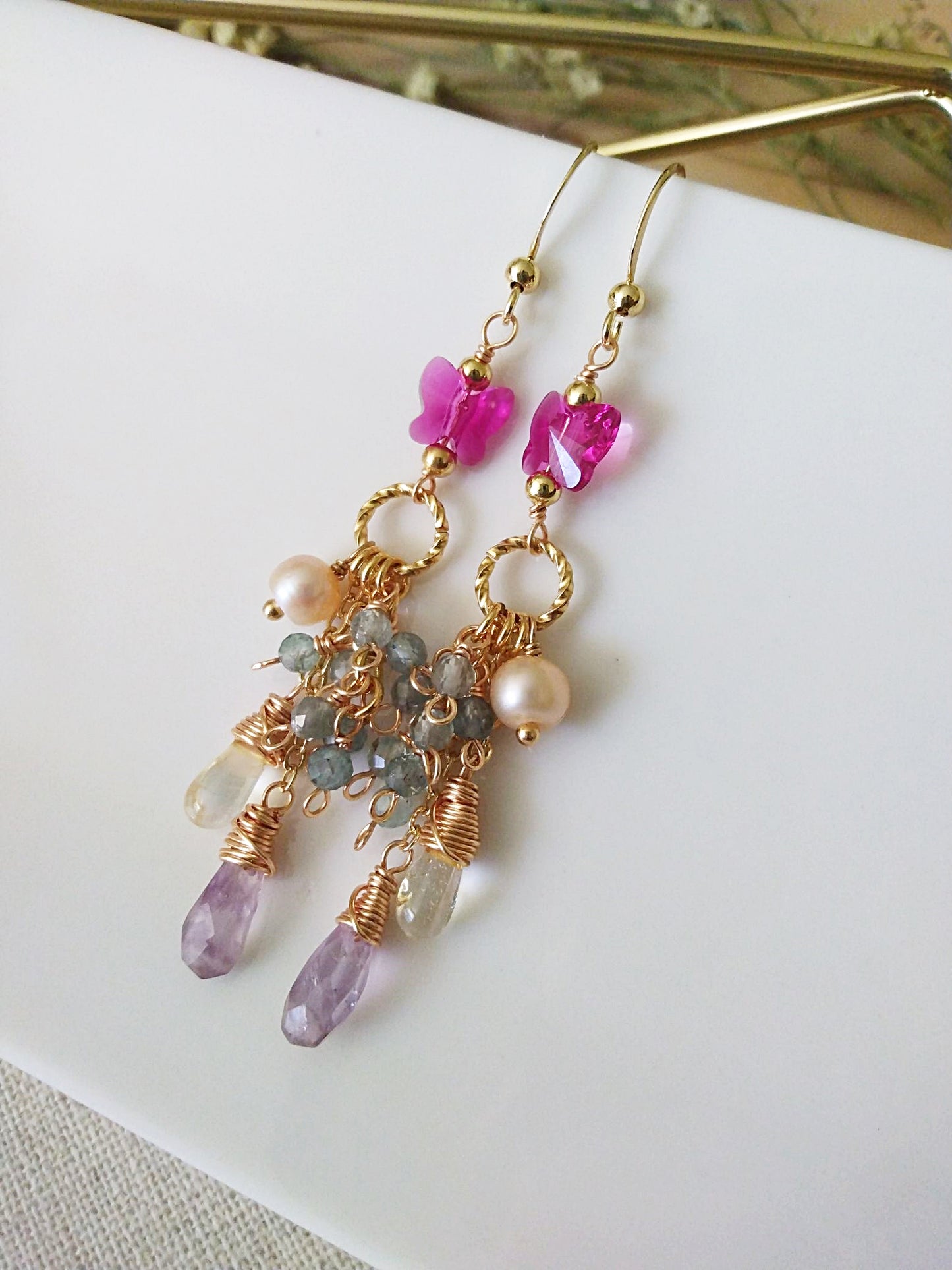 Nature Theme Butterfly Semi Precious Gemstones Gold Filled Earrings E140163