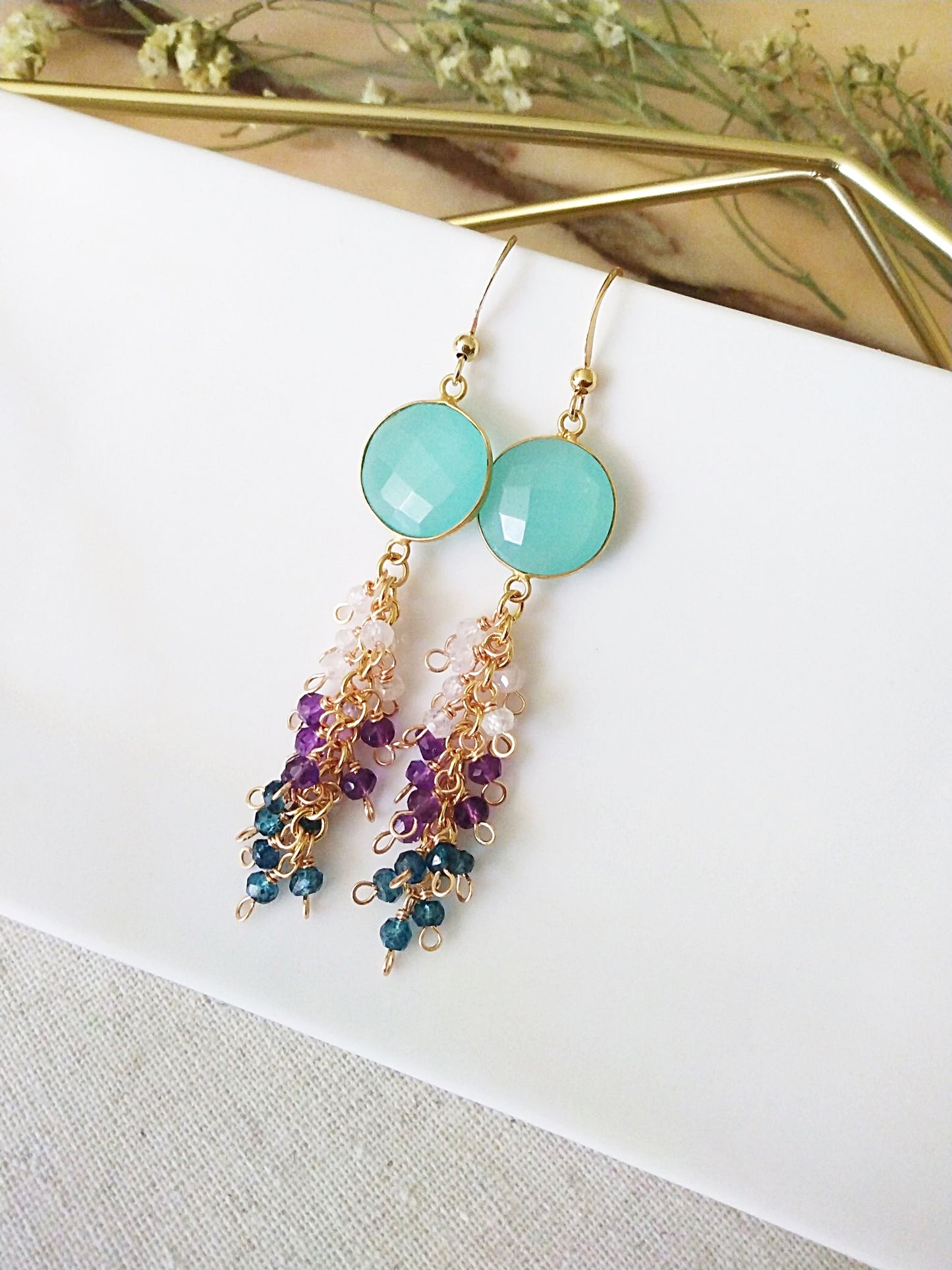 Dramatic Sea Foam Blue Chalcedony Amethyst Apatite Gemstone Gold Filled Earrings E140164