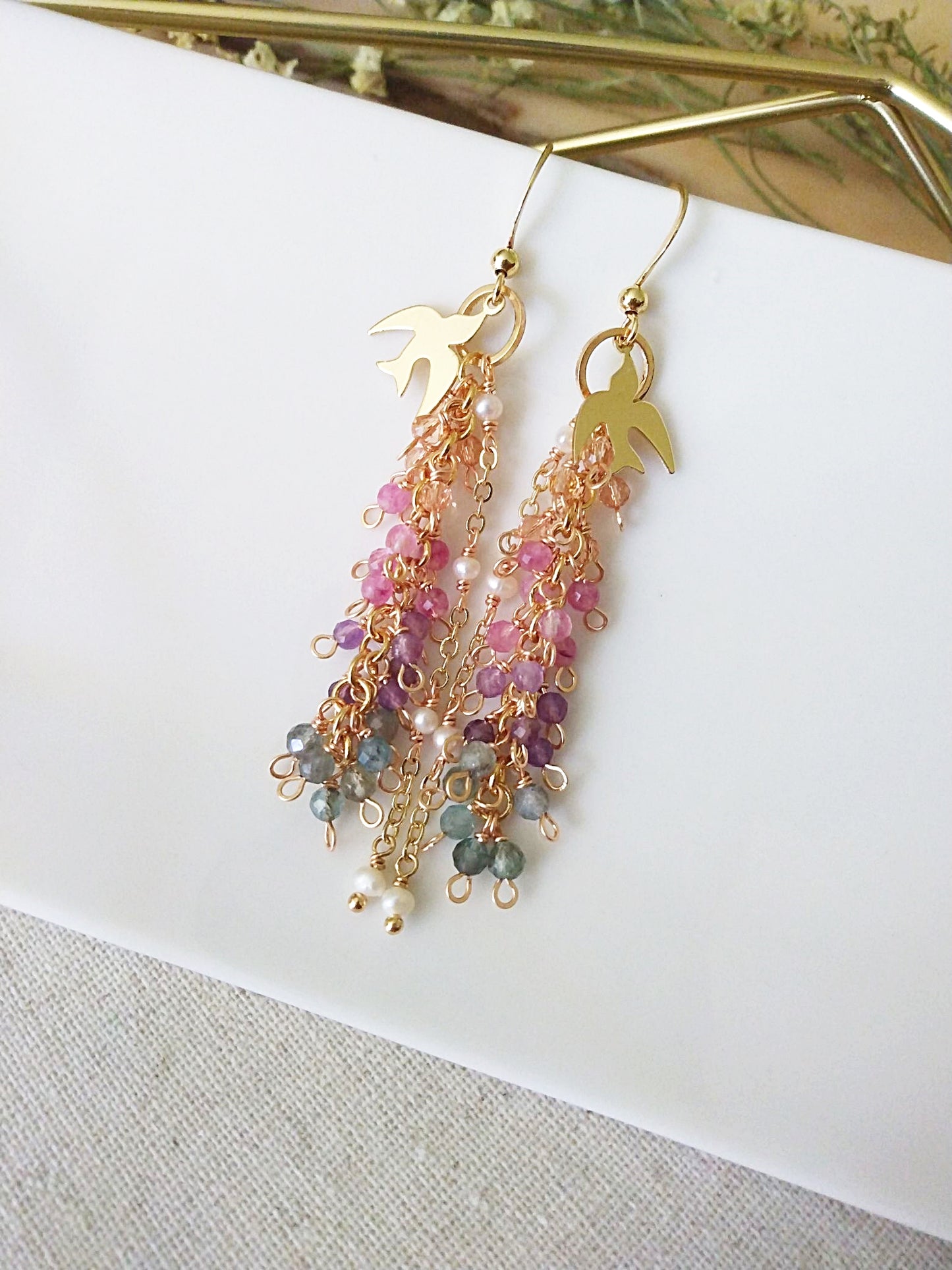 Multi Semi Precious Clusters Waterfall Gold Filled Earrings E140172