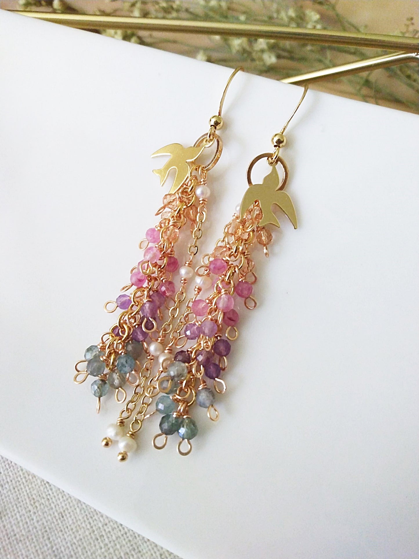 Multi Semi Precious Clusters Waterfall Gold Filled Earrings E140172