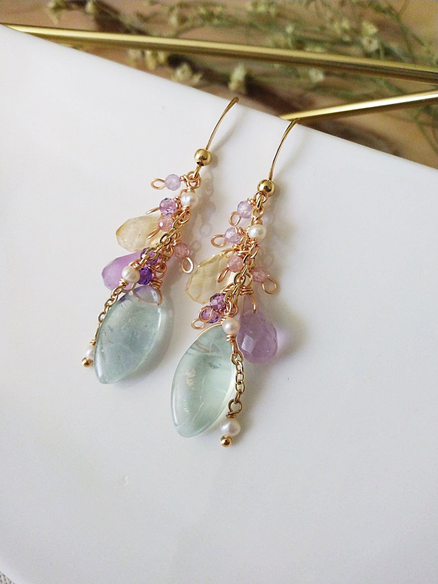 Statement Bridal Green Fluorite Citrine Amethyst Pearl Gold Filled Earrings E140173